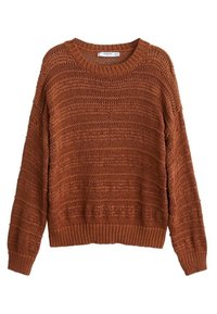 Brązowy sweter na drutach o luźnym kroju, ze ściągaczami na mankietach i u dołu oraz teksturowanym wzorem z otwartymi oczkami na całej powierzchni.