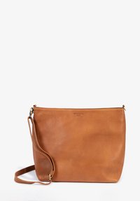 Brown leather shoulder bag with a textured finish, zip closure, and a detachable strap. Simple design with a single main compartment.