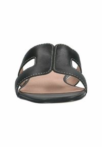 Black leather slide sandals with open toe design, featuring two cut-out sections and contrasting white stitching on the edges. Flat sole.