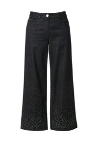 Jeans a gamba larga in denim scuro con vita alta, caratterizzati da un design con borchie all'orlo e una texture liscia. Stile classico a cinque tasche.