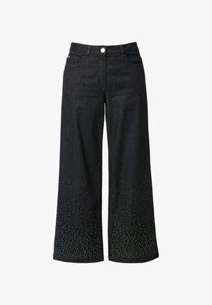 Jean large en denim foncé à taille haute, avec un design studded au bas et une texture lisse. Style classique à cinq poches.
