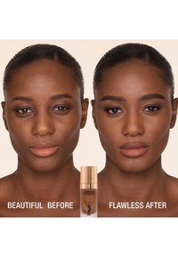 Airbrush foundation bottle in a light brown hue, positioned between two facial portraits showing skin with and without makeup application.