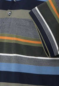 Striped polo shirt with horizontal lines in navy, green, orange, and light blue. Features a collar and button detailing. Textured fabric.