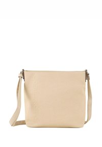 Beżowa torba na ramię z płótna o teksturowanym wykończeniu, regulowanym paskiem, z zamkiem błyskawicznym i tłoczonym logo z przodu. Minimalistyczny design.