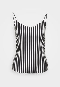 Schwarz-weißer gestreifter Cami mit verstellbaren dünnen Trägern, V-Ausschnitt und taillierter Silhouette. Glatter Stoff und minimale Details.