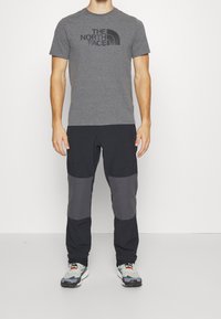 Camiseta gris con el logo negro de "THE NORTH FACE", combinada con pantalones negros que tienen paneles grises y zapatillas grises con acentos naranjas.