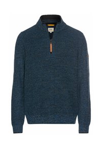 Blue knit pullover sweater with a zippered collar, ribbed neckline, and cuffs. Features a small logo patch on the sleeve. Textured fabric.