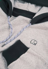 Sudadera gris con puños acanalados negros, con un pequeño logo de elefante bordado. Los cordones son de un gris claro con acentos negros.