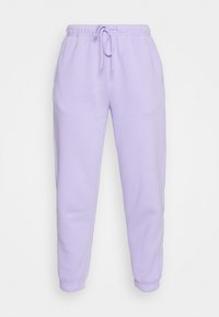 Lilac sweatpants with an elastic waistband and drawstring, featuring cuffed ankles and a soft, smooth texture.