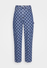 Kostkované modré džíny s vysokým pasem a rovnou siluetou. Mají zapínání na knoflík a boční kapsy, což zajišťuje uvolněný střih.