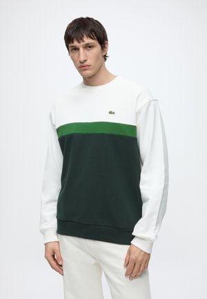 Jonge man draagt een wit, groen en donkergroen color-blocked sweatshirt met een witte broek, staande tegen een effen lichte achtergrond.