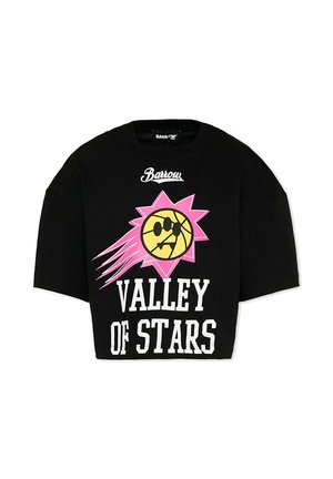 Czarny t-shirt z napisem „Barrow”, różowym wybuchającym wzorem z żółtą twarzą koszykówki w okularach przeciwsłonecznych oraz napisem „Valley of Stars” w białych literach.
