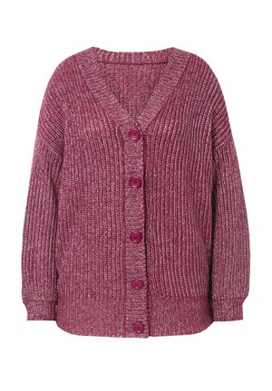 Bordeaux strikket cardigan med V-hals, lange ærmer og seks store lilla knapper foran. Tekstureret stof med et hyggeligt design.