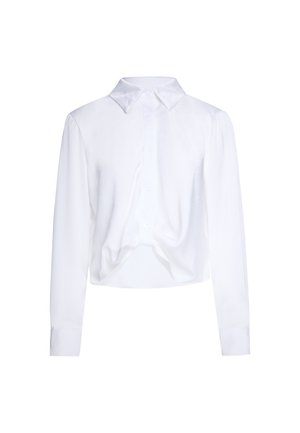 Chemise blanche pour femme à manches longues, col, fermeture à boutons sur le devant et léger détail froncé à la taille.