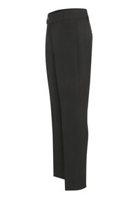 Black trousers with a straight-leg design, made from a smooth fabric. Features a waistband and a rear pocket.