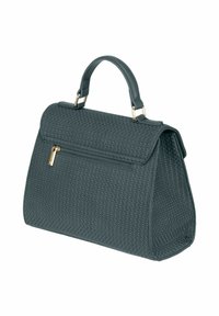 Sac à main texturé vert sarcelle foncé avec une forme structurée, des accents en métal doré, une poignée supérieure et une poche avant zippée.