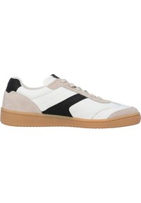 Weiße Leder-Sneaker mit schwarzen und beigen Wildlederakzenten, runder Zehenpartie, Schnürverschluss und Gummisohle. Verfügt über Farbblock-Designelemente.