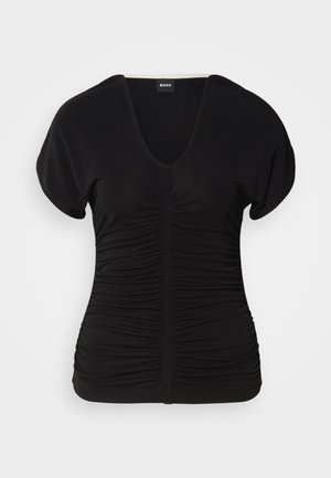 Top nero a maniche corte con scollatura a V e texture arricciata sulla parte anteriore, realizzato in tessuto elasticizzato. Presenta un orlo dritto.