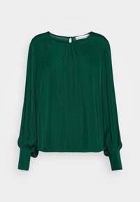 Maglia verde a maniche lunghe realizzata in tessuto morbido, con scollatura rotonda, dettaglio plissettato nella parte anteriore e chiusura con bottoni sul retro.