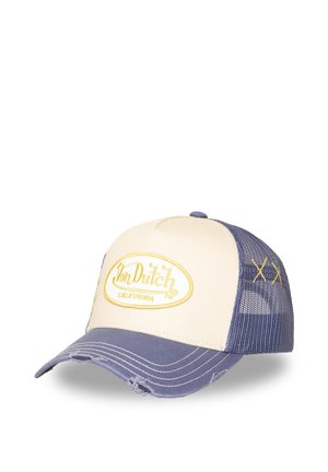 Casquette de baseball avec un panneau avant crème et un dos en mesh bleu, avec le logo "Von Dutch California" en broderie jaune et une visière usée.