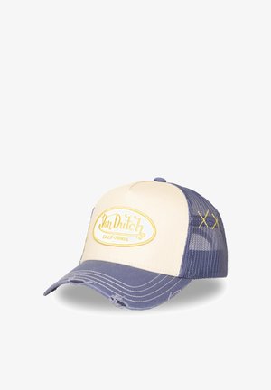 Gorra de béisbol con panel frontal crema y parte trasera de malla azul, con el logo "Von Dutch California" bordado en amarillo y visera desgastada.