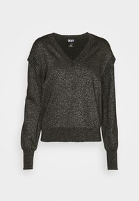 Schwarzer, langärmeliger DKNY-Pullover mit V-Ausschnitt, aus einem glitzernden, strukturierten Material; verfügt über eine lockere Passform sowie gerippte Bündchen und Saum.