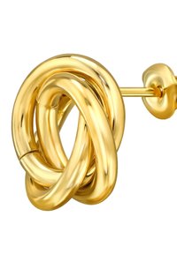 Orecchino a forma di nodo in oro con superficie liscia e riflettente e design intrecciato; dotato di chiusura a perno per un fissaggio sicuro.