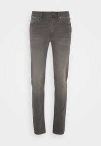 Grå slim-fit denimjeans för herrar med framfickor, bälteshällor och knappstängning, visade mot en vit bakgrund.