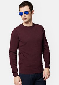 Bordowy sweter dziany z okrągłym dekoltem, prążkowanymi mankietami i dołem, w zestawieniu z lustrzanymi niebieskimi okularami przeciwsłonecznymi, modelka przedstawiona na neutralnym tle.