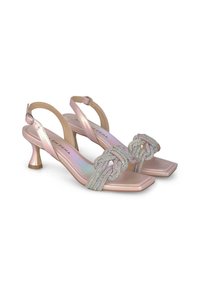 Tacchi slingback rosa in satin con punta quadrata, tacco basso a campana e cinturini frontali annodati decorati con cristalli.