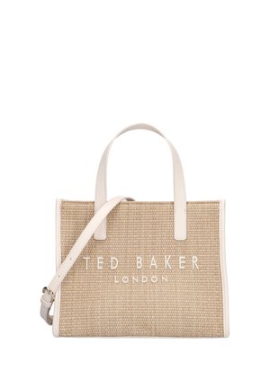 Sac tote tissé beige avec poignées blanches et bandoulière ajustable, avec le texte « TED BAKER LONDON » sur le devant.