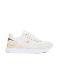 White sneaker with leather and suede materials, featuring beige and gold accents, a textured side panel, and a cushioned sole.