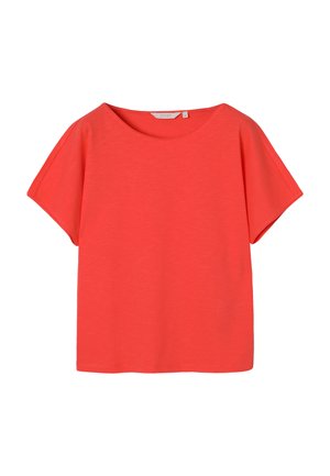 Bright coral short-sleeve T-shirt with round neckline and relaxed fit, made of soft fabric.