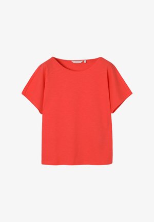 Bright coral short-sleeve T-shirt with round neckline and relaxed fit, made of soft fabric.