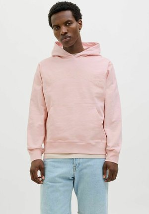 Rosa Kapuzenpullover aus weichem Stoff, mit einer frontalen Tasche und eingeprägtem Logo. Lässiges Design mit langen Ärmeln und enganliegender Passform.