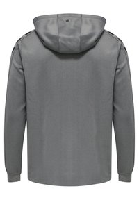 Grijze hoodie met een gladde textuur, lange mouwen en een ontspannen pasvorm. Heeft stiksel details en een klein logo op de achterkant.