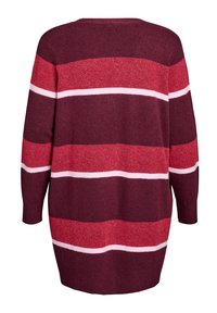 Stickad tröja med breda röda och rosa ränder, vid halsringning och lång ärm. Mjuk textur med ribbade muddar vid nederkant och ärmslut.