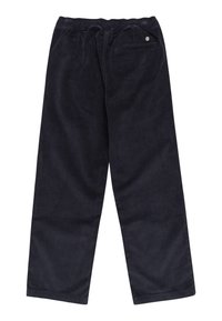 Marineblå corduroy-bukser med afslappet pasform, elastisk talje og en enkelt baglomme med et lille logo-tag. Blød tekstur og lodret mønster.