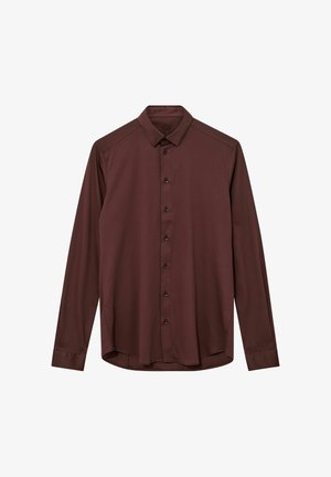 Srajca z dolgimi rokavi iz temno burgundske tkanine. Ima klasičen ovratnik, sprednje gumbe in rahlo ukrivljen spodnji rob. Gladka tekstura, subtilen lesk.