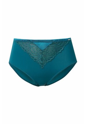 Ženské spodní prádlo v tyrkysové barvě s vysokým pasem, průsvitnou krajkovou V-žaluzí a vroubkovanými okraji na předním pásku.