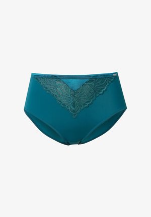 Groenblauw damesondergoed met een hoge taille, een doorzichtige kant in V-vorm en geschulpte randen aan de voorste tailleband.