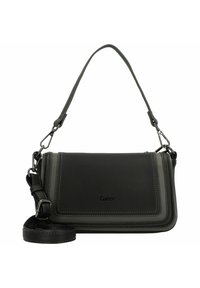 Borsa a tracolla in pelle nera con tracolla regolabile, cuciture a contrasto e logo impressa. Forma rettangolare compatta, texture liscia.