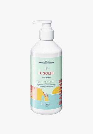 White pump bottle of natural liquid soap with pastel green label, featuring pink and yellow abstract artwork. Text includes "Le Soleil" and "Kerzon."
