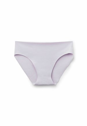 Culotte bikini en coton lilas à la texture lisse. Présente une coupe taille basse et un couvrant modéré, sans coutures ni ornements visibles.