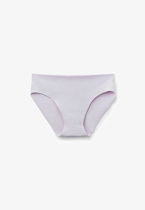 Lila katoenen bikini-slipje met een gladde textuur. Heeft een taille-lage pasvorm en matige bedekking, zonder zichtbare naden of versieringen.