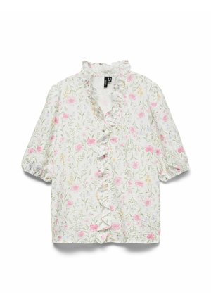 Blouse blanche à imprimé floral rose et vert, col et devant à volants, manches trois-quarts bouffantes avec poignets élastiques.
