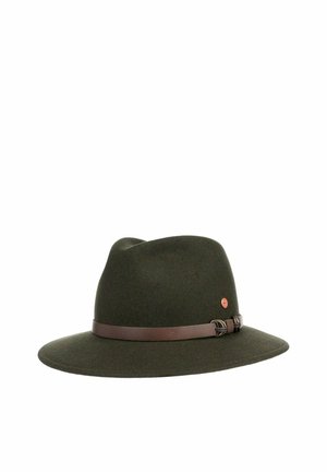 Dark green felt fedora hat with wide brim and brown leather band featuring a small round copper-colored emblem on side.
