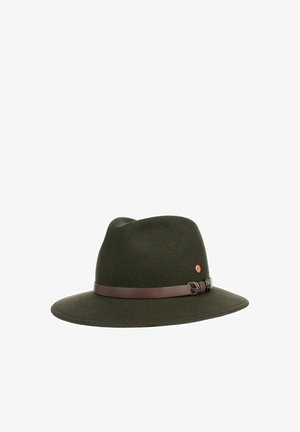 Dark green felt fedora hat with wide brim and brown leather band featuring a small round copper-colored emblem on side.