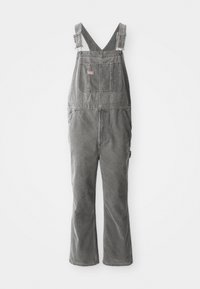 Gray denim overalls with adjustable straps, front chest pocket, side pockets, and flared legs. Sturdy fabric and relaxed fit for comfort.