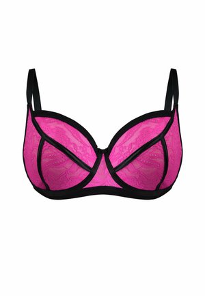 Koronkowy biustonosz w jaskrawym różowym kolorze z czarnym wykończeniem. Posiada usztywniany kształt, fiszbiny oraz regulowane ramiączka, prezentując misterny, kwiatowy wzór.